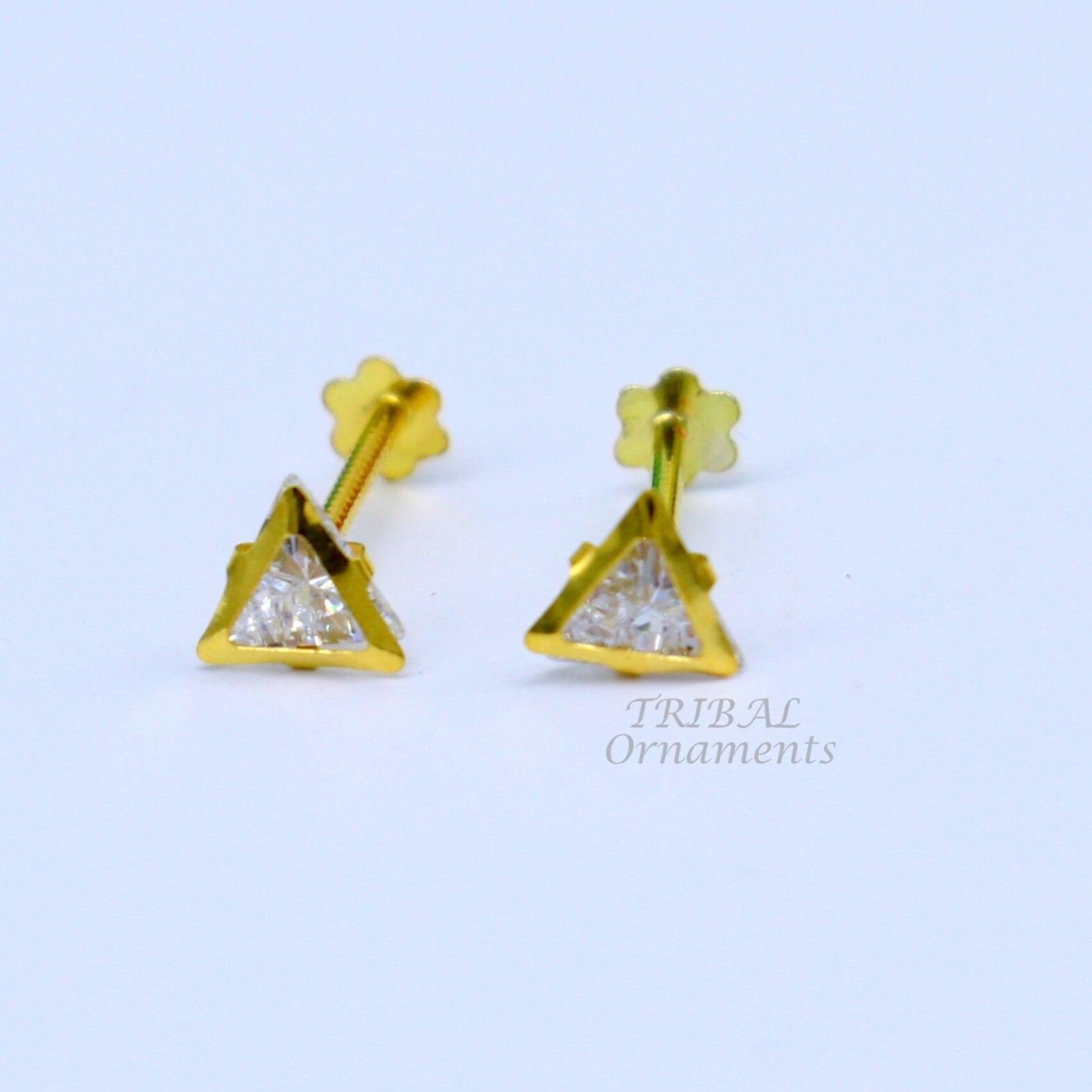 4mm 18kt yellow gold handmade single stone Triangle shape stud earring cartilage earring customized unisex screw back jewelry er154 - TRIBAL ORNAMENTS