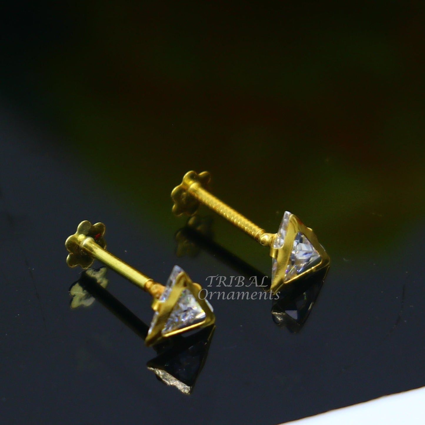 4mm 18kt yellow gold handmade single stone Triangle shape stud earring cartilage earring customized unisex screw back jewelry er154 - TRIBAL ORNAMENTS