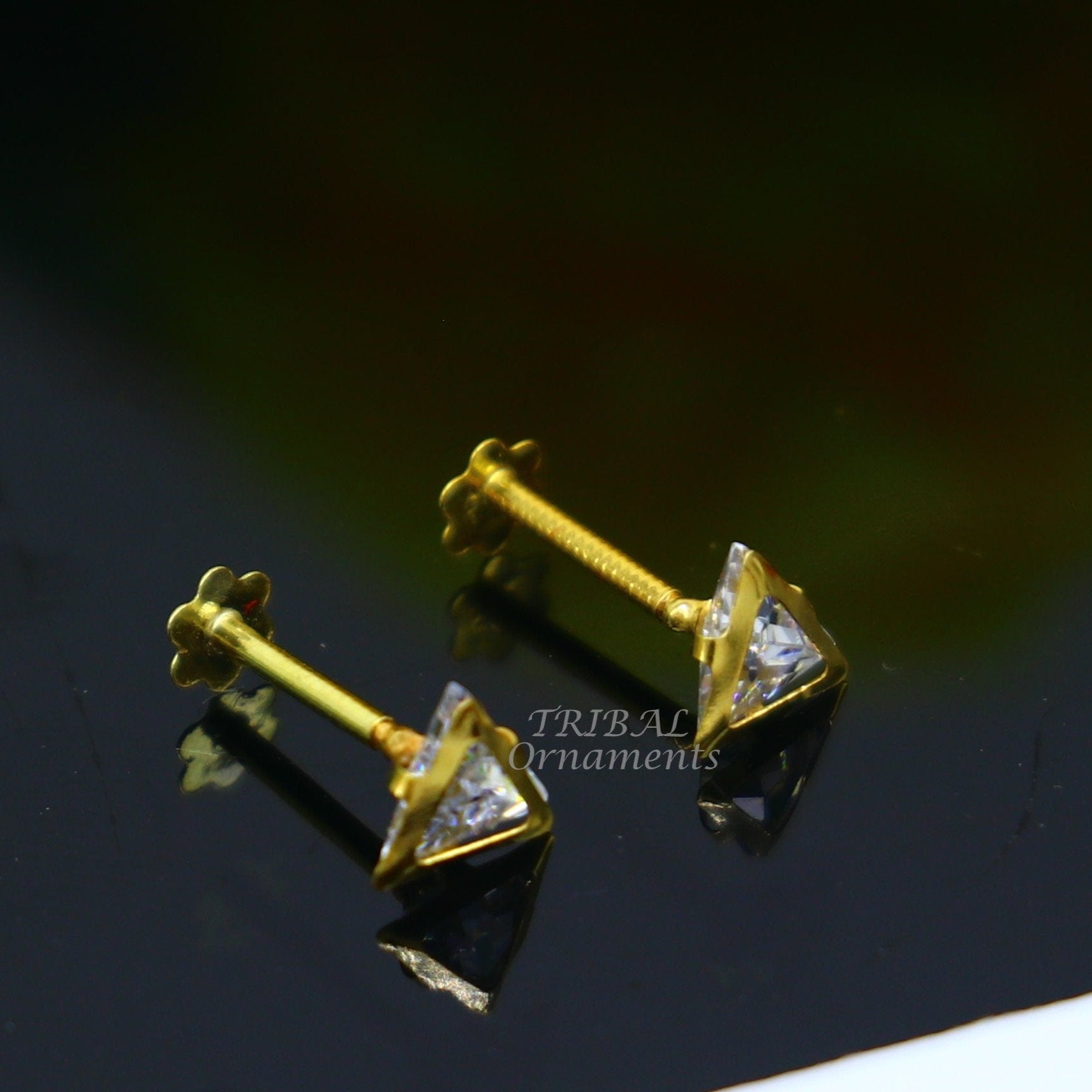 4mm 18kt yellow gold handmade single stone Triangle shape stud earring cartilage earring customized unisex screw back jewelry er154 - TRIBAL ORNAMENTS