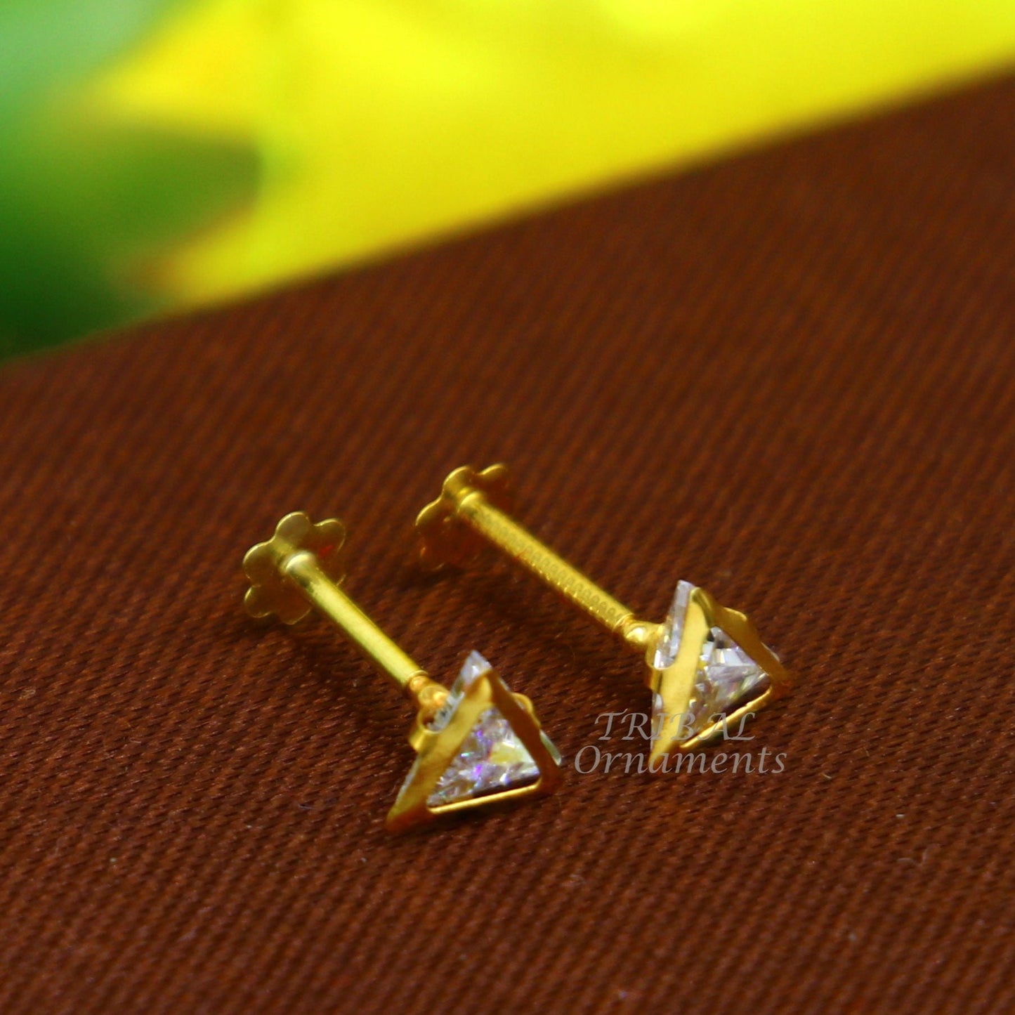 4mm 18kt yellow gold handmade single stone Triangle shape stud earring cartilage earring customized unisex screw back jewelry er154 - TRIBAL ORNAMENTS