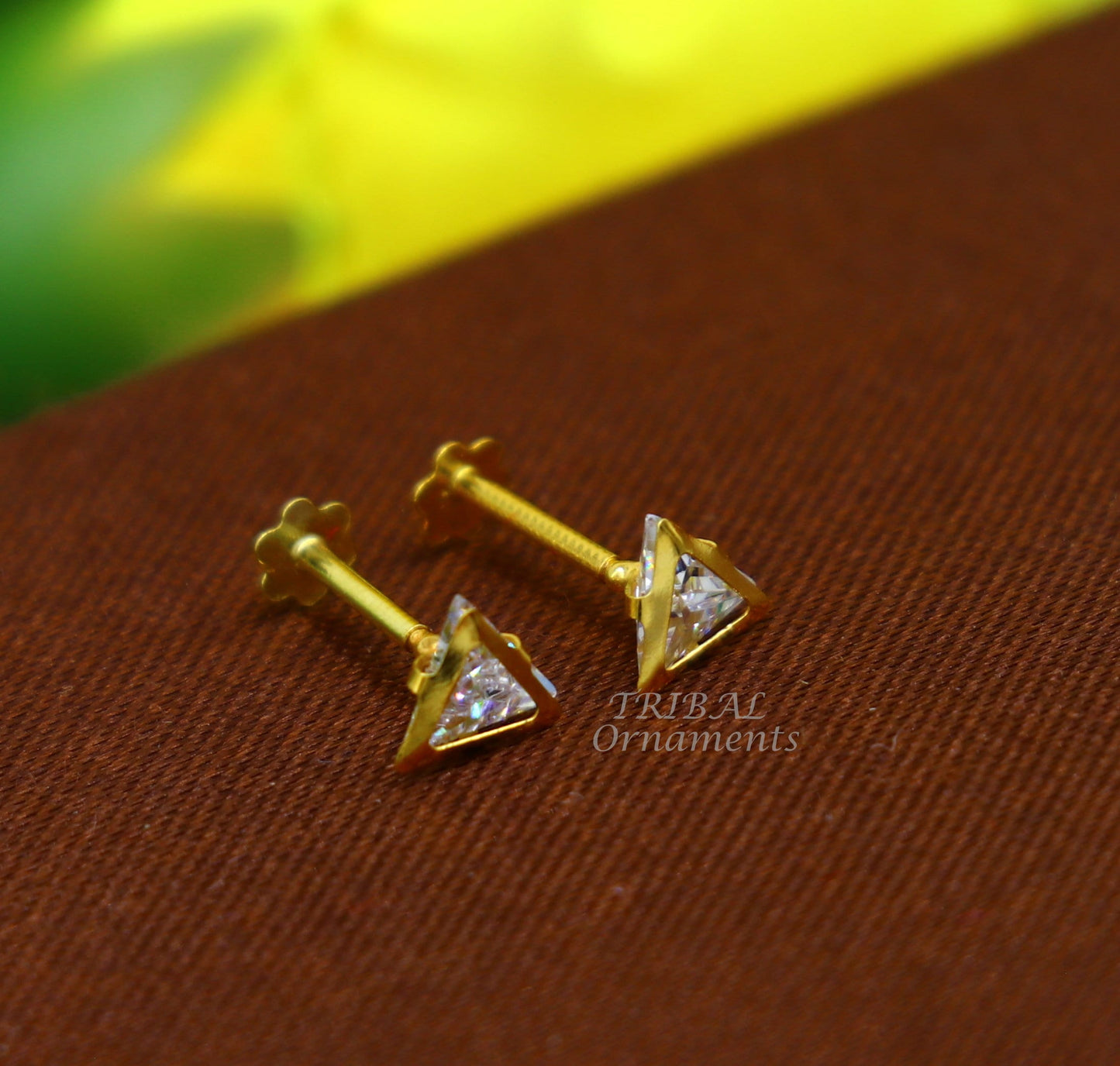 4mm 18kt yellow gold handmade single stone Triangle shape stud earring cartilage earring customized unisex screw back jewelry er154 - TRIBAL ORNAMENTS