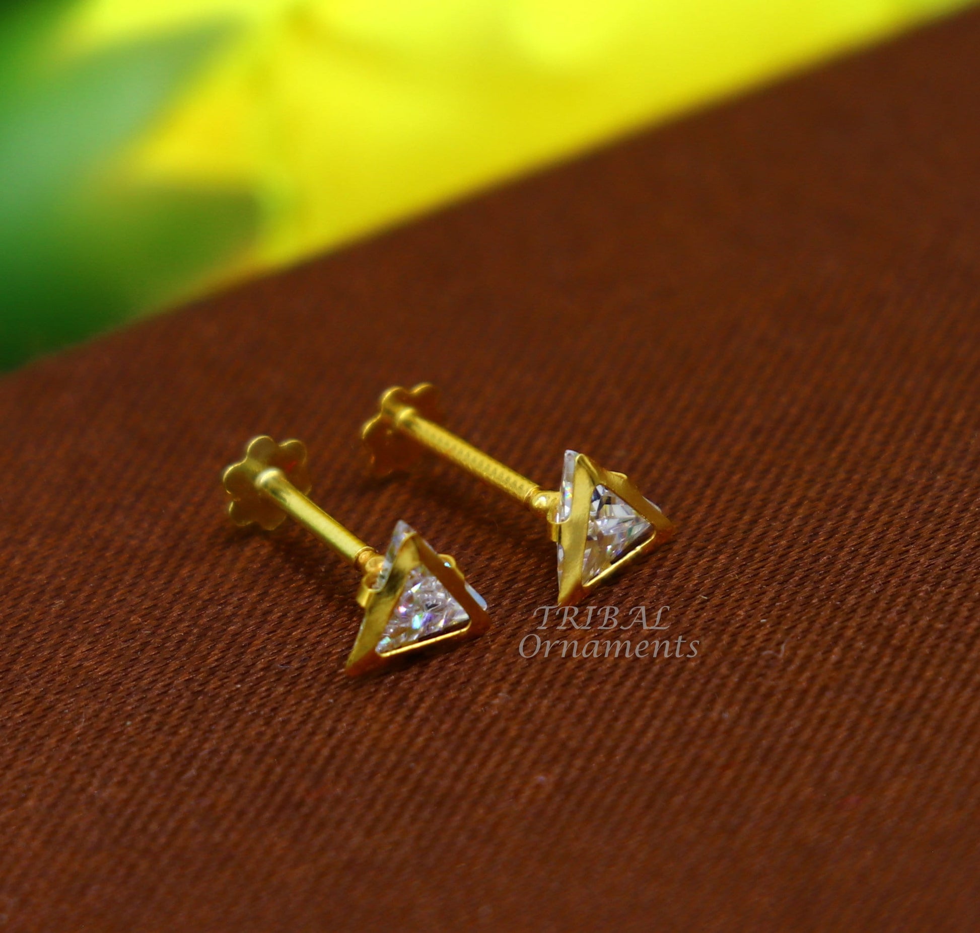 4mm 18kt yellow gold handmade single stone Triangle shape stud earring cartilage earring customized unisex screw back jewelry er154 - TRIBAL ORNAMENTS