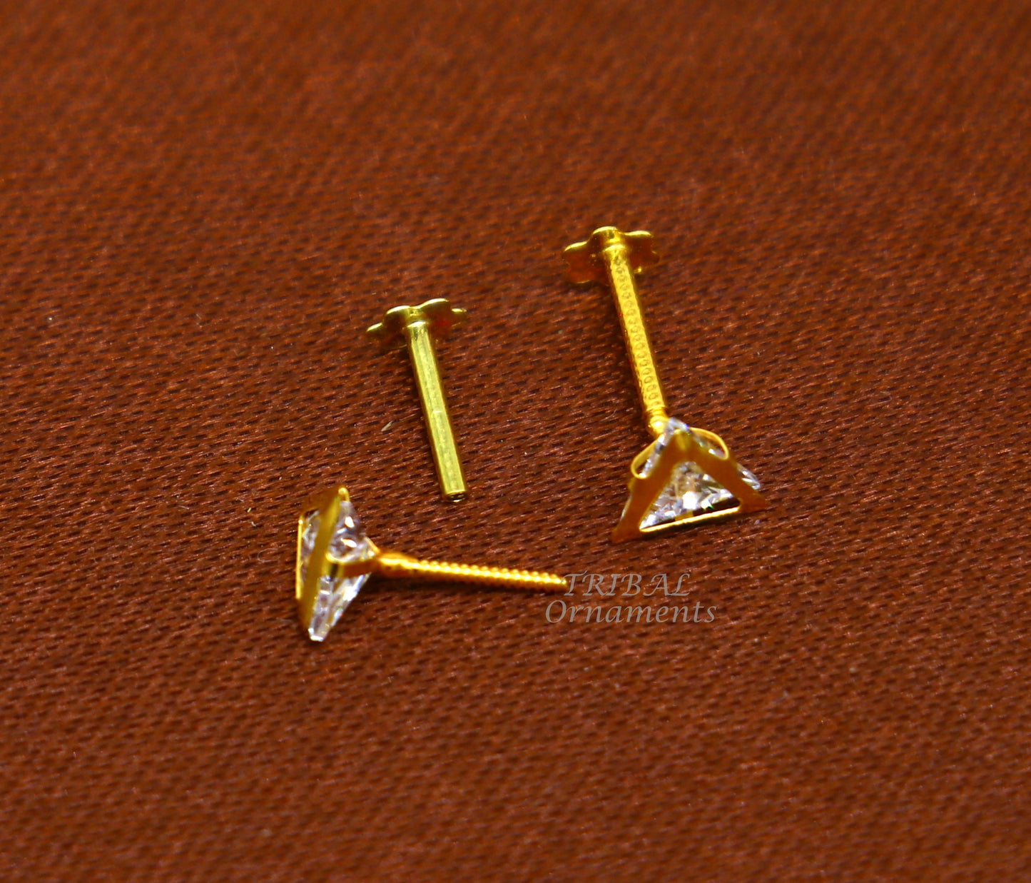 4mm 18kt yellow gold handmade single stone Triangle shape stud earring cartilage earring customized unisex screw back jewelry er154 - TRIBAL ORNAMENTS
