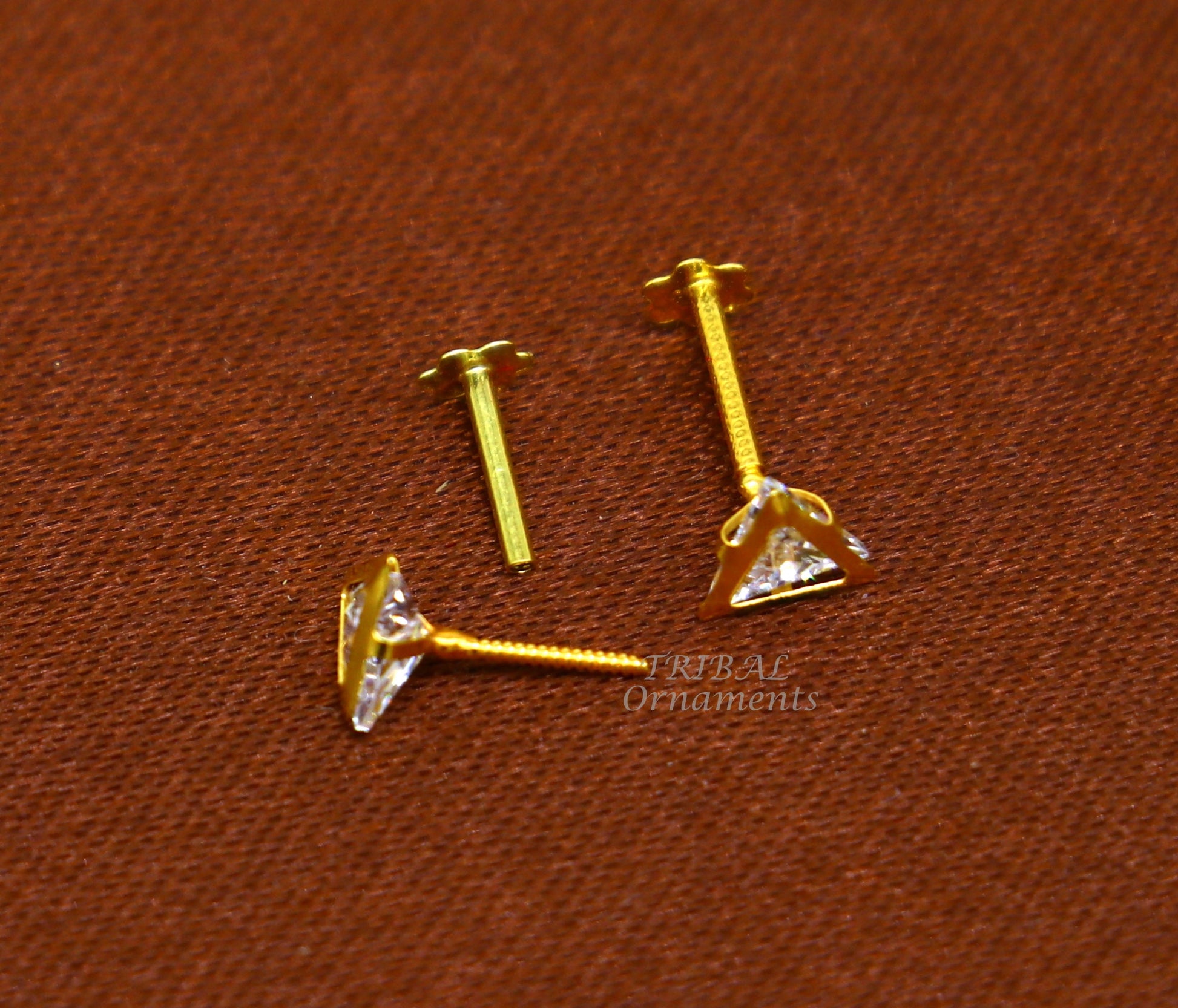 4mm 18kt yellow gold handmade single stone Triangle shape stud earring cartilage earring customized unisex screw back jewelry er154 - TRIBAL ORNAMENTS