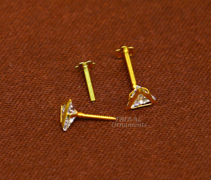 4mm 18kt yellow gold handmade single stone Triangle shape stud earring cartilage earring customized unisex screw back jewelry er154 - TRIBAL ORNAMENTS