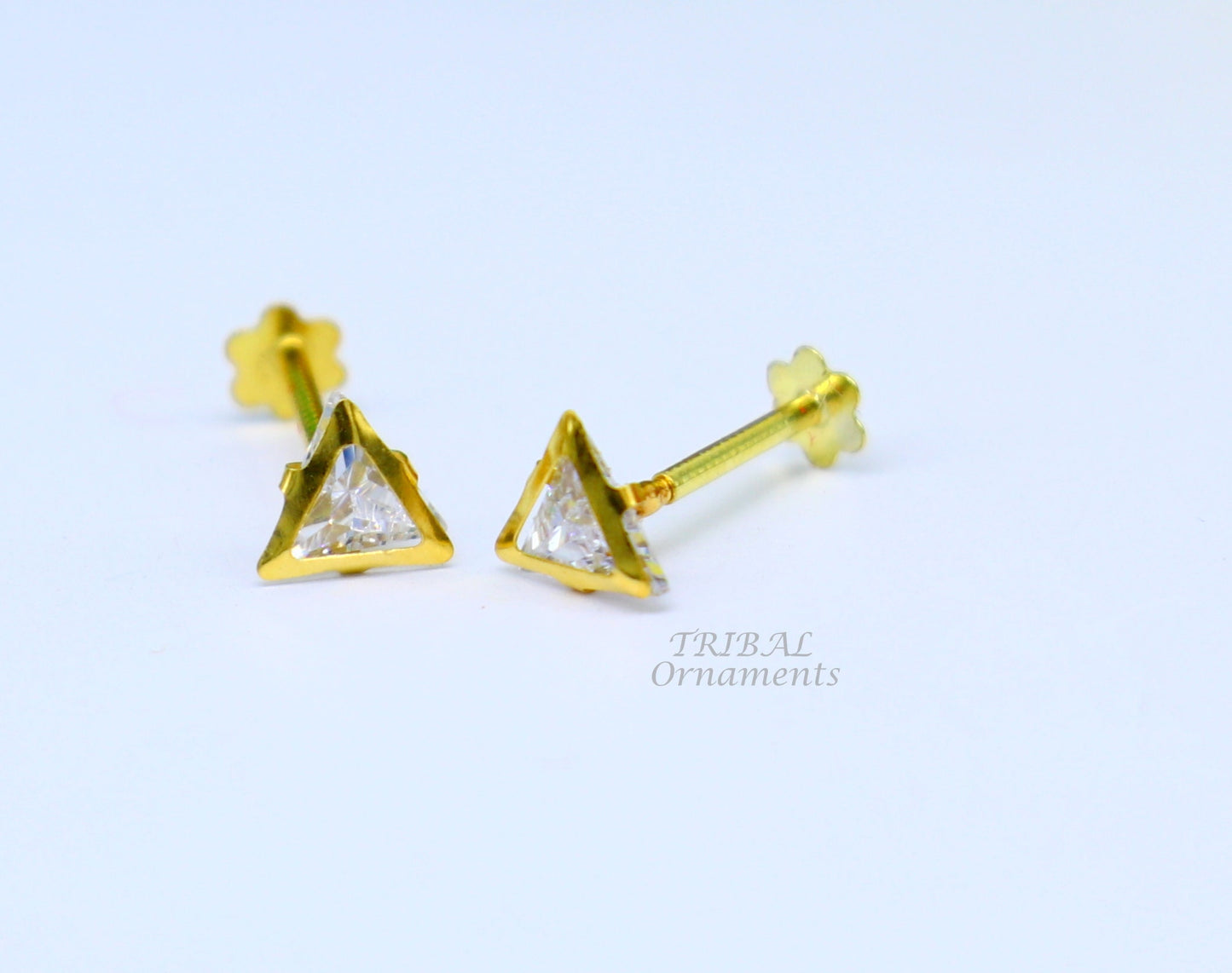4mm 18kt yellow gold handmade single stone Triangle shape stud earring cartilage earring customized unisex screw back jewelry er154 - TRIBAL ORNAMENTS