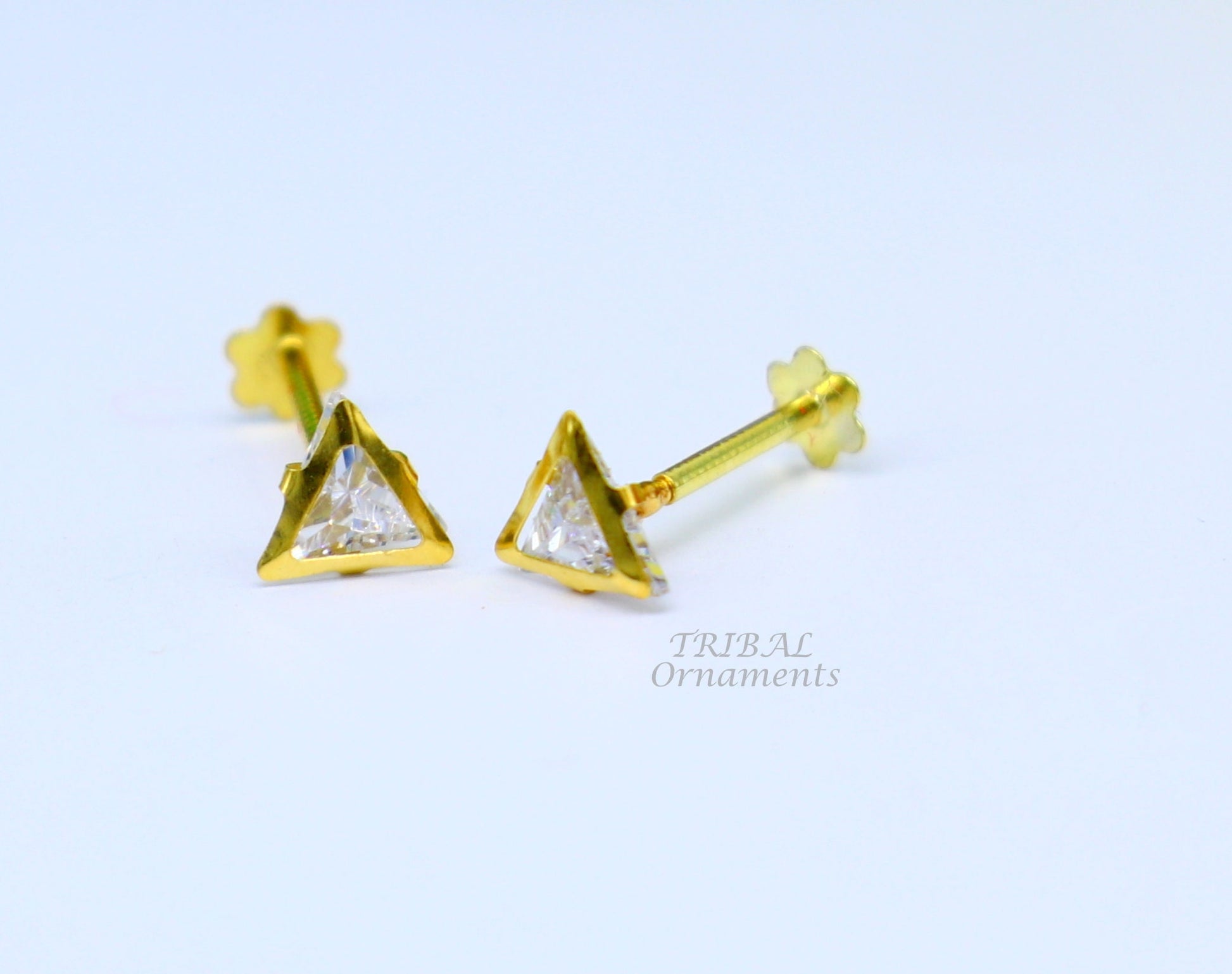 4mm 18kt yellow gold handmade single stone Triangle shape stud earring cartilage earring customized unisex screw back jewelry er154 - TRIBAL ORNAMENTS