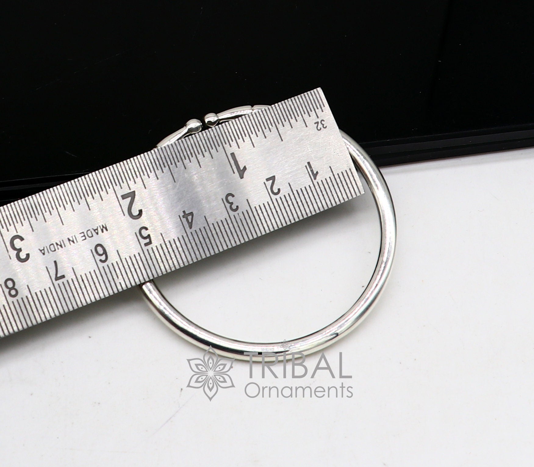 Sterling silver handmade bangle bracelet with plain shiny design, adjustable, unisex modern jewelry by TRIBAL ORNAMENTS.