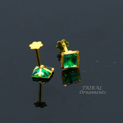Green stone square stud earring or nose pin in 18kt yellow gold, handmade unisex jewelry by Tribal Ornaments.