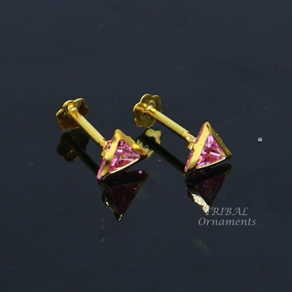4mm tiny single pink stone handmade 18kt yellow gold combo jewelry we can use as stud or nose stud , baby stud cartilage jewelry er159 - TRIBAL ORNAMENTS