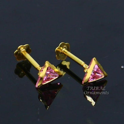 4mm tiny single pink stone handmade 18kt yellow gold combo jewelry we can use as stud or nose stud , baby stud cartilage jewelry er159 - TRIBAL ORNAMENTS