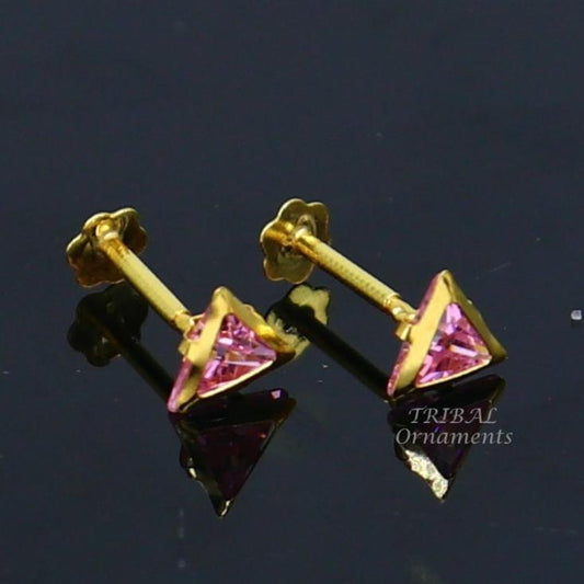 4mm tiny single pink stone handmade 18kt yellow gold combo jewelry we can use as stud or nose stud , baby stud cartilage jewelry er159 - TRIBAL ORNAMENTS