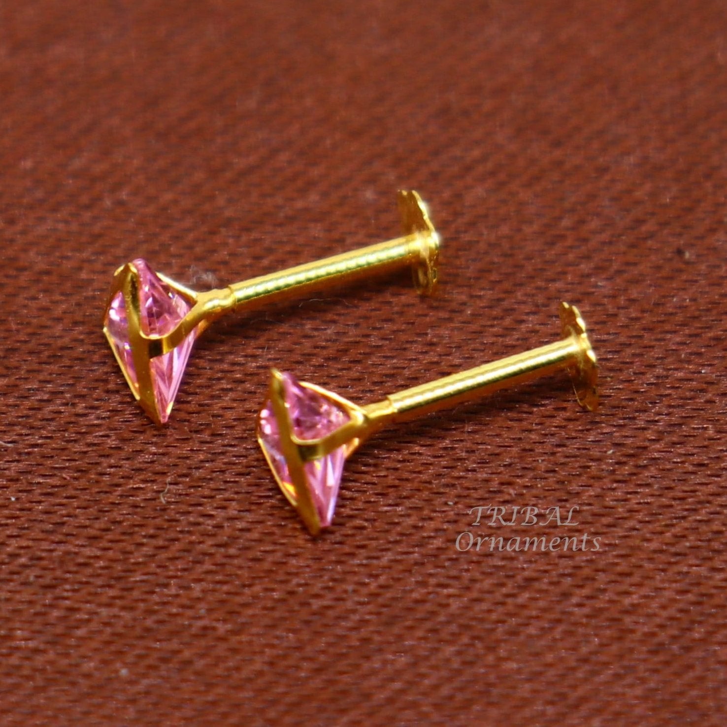 4mm tiny single pink stone handmade 18kt yellow gold combo jewelry we can use as stud or nose stud , baby stud cartilage jewelry er159 - TRIBAL ORNAMENTS