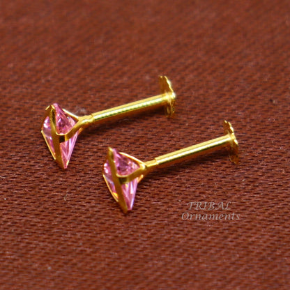 4mm tiny single pink stone handmade 18kt yellow gold combo jewelry we can use as stud or nose stud , baby stud cartilage jewelry er159 - TRIBAL ORNAMENTS
