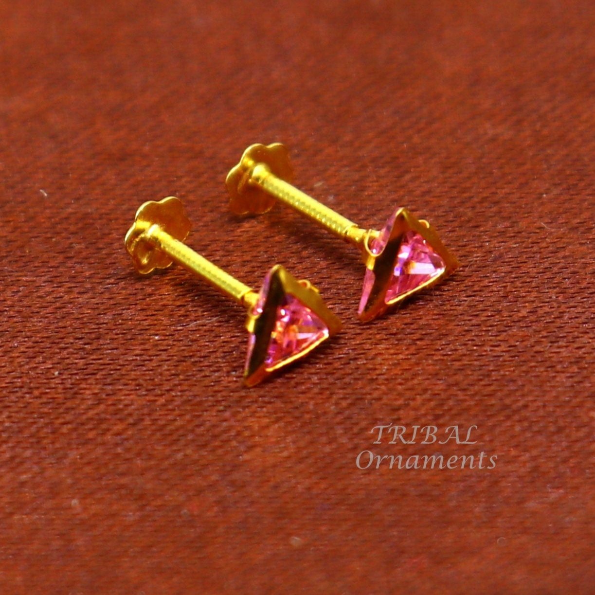 4mm tiny single pink stone handmade 18kt yellow gold combo jewelry we can use as stud or nose stud , baby stud cartilage jewelry er159 - TRIBAL ORNAMENTS