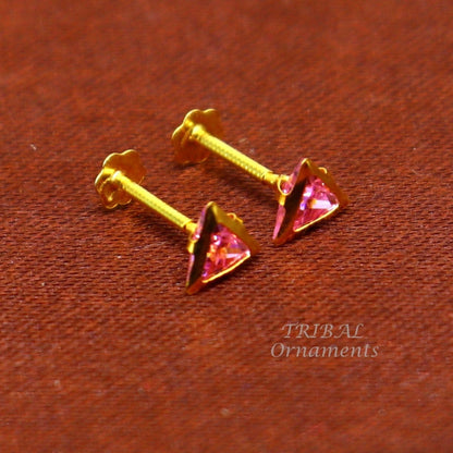 4mm tiny single pink stone handmade 18kt yellow gold combo jewelry we can use as stud or nose stud , baby stud cartilage jewelry er159 - TRIBAL ORNAMENTS