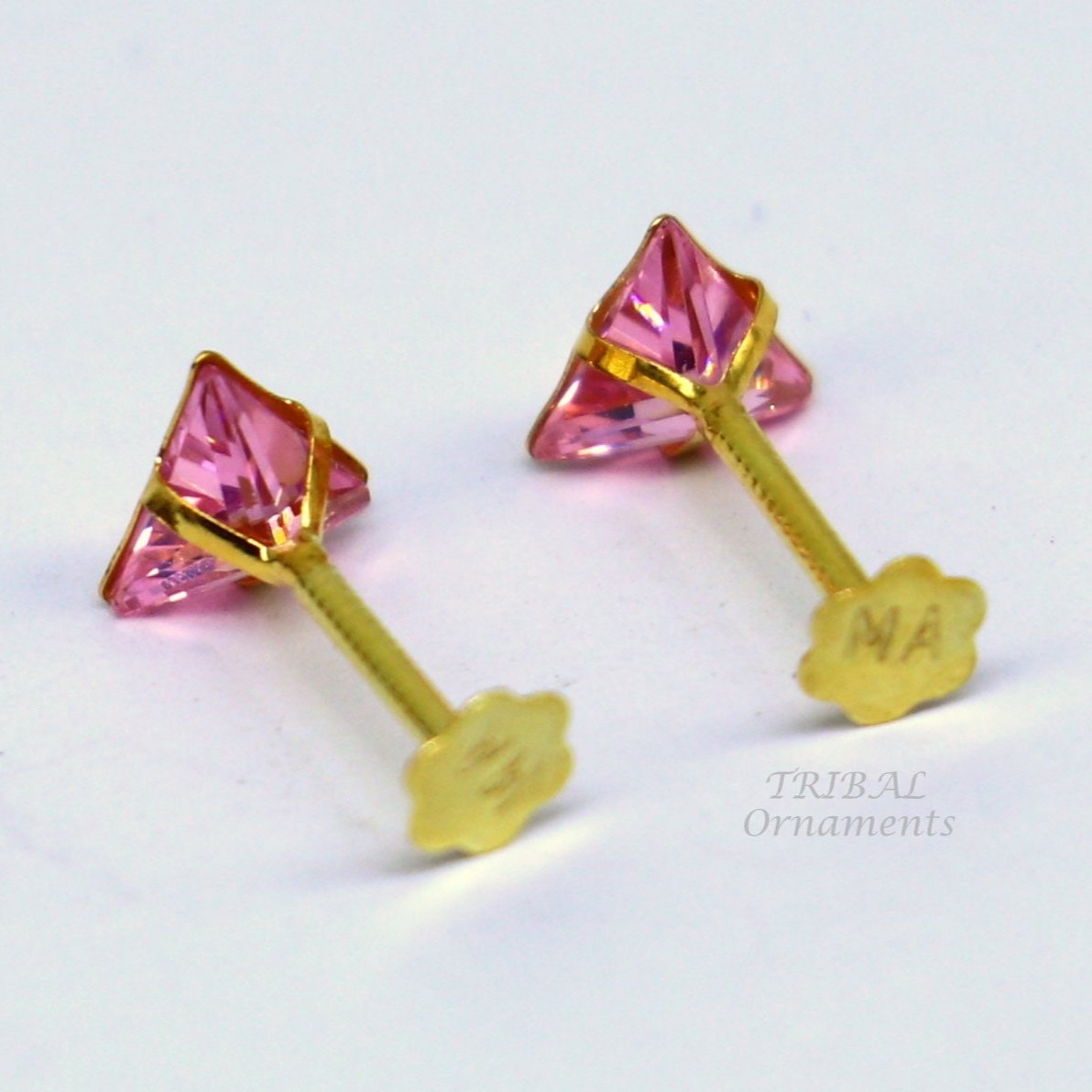 4mm tiny single pink stone handmade 18kt yellow gold combo jewelry we can use as stud or nose stud , baby stud cartilage jewelry er159 - TRIBAL ORNAMENTS