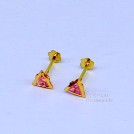 4mm tiny single pink stone handmade 18kt yellow gold combo jewelry we can use as stud or nose stud , baby stud cartilage jewelry er159 - TRIBAL ORNAMENTS
