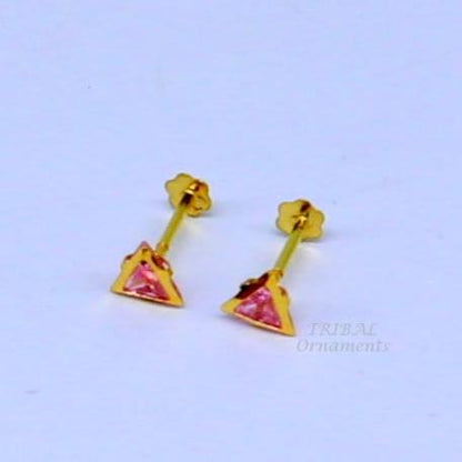 4mm tiny single pink stone handmade 18kt yellow gold combo jewelry we can use as stud or nose stud , baby stud cartilage jewelry er159 - TRIBAL ORNAMENTS