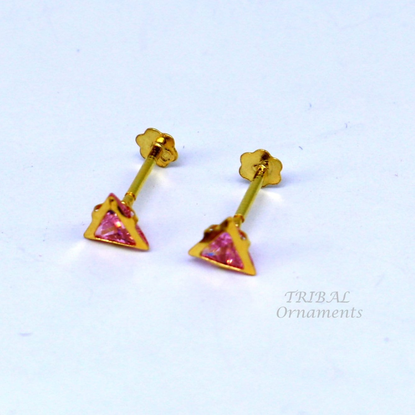 4mm tiny single pink stone handmade 18kt yellow gold combo jewelry we can use as stud or nose stud , baby stud cartilage jewelry er159 - TRIBAL ORNAMENTS