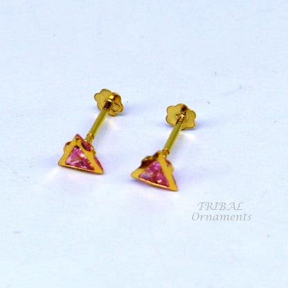 4mm tiny single pink stone handmade 18kt yellow gold combo jewelry we can use as stud or nose stud , baby stud cartilage jewelry er159 - TRIBAL ORNAMENTS