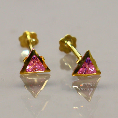 4mm tiny single pink stone handmade 18kt yellow gold combo jewelry we can use as stud or nose stud , baby stud cartilage jewelry er159 - TRIBAL ORNAMENTS