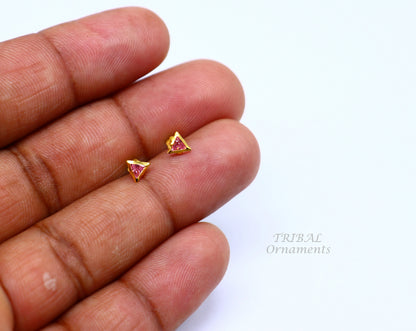 4mm tiny single pink stone handmade 18kt yellow gold combo jewelry we can use as stud or nose stud , baby stud cartilage jewelry er159 - TRIBAL ORNAMENTS