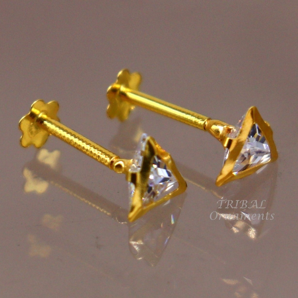 4mm tiny single pink stone handmade 18kt yellow gold combo jewelry we can use as stud or nose stud , baby stud cartilage jewelry er160 - TRIBAL ORNAMENTS