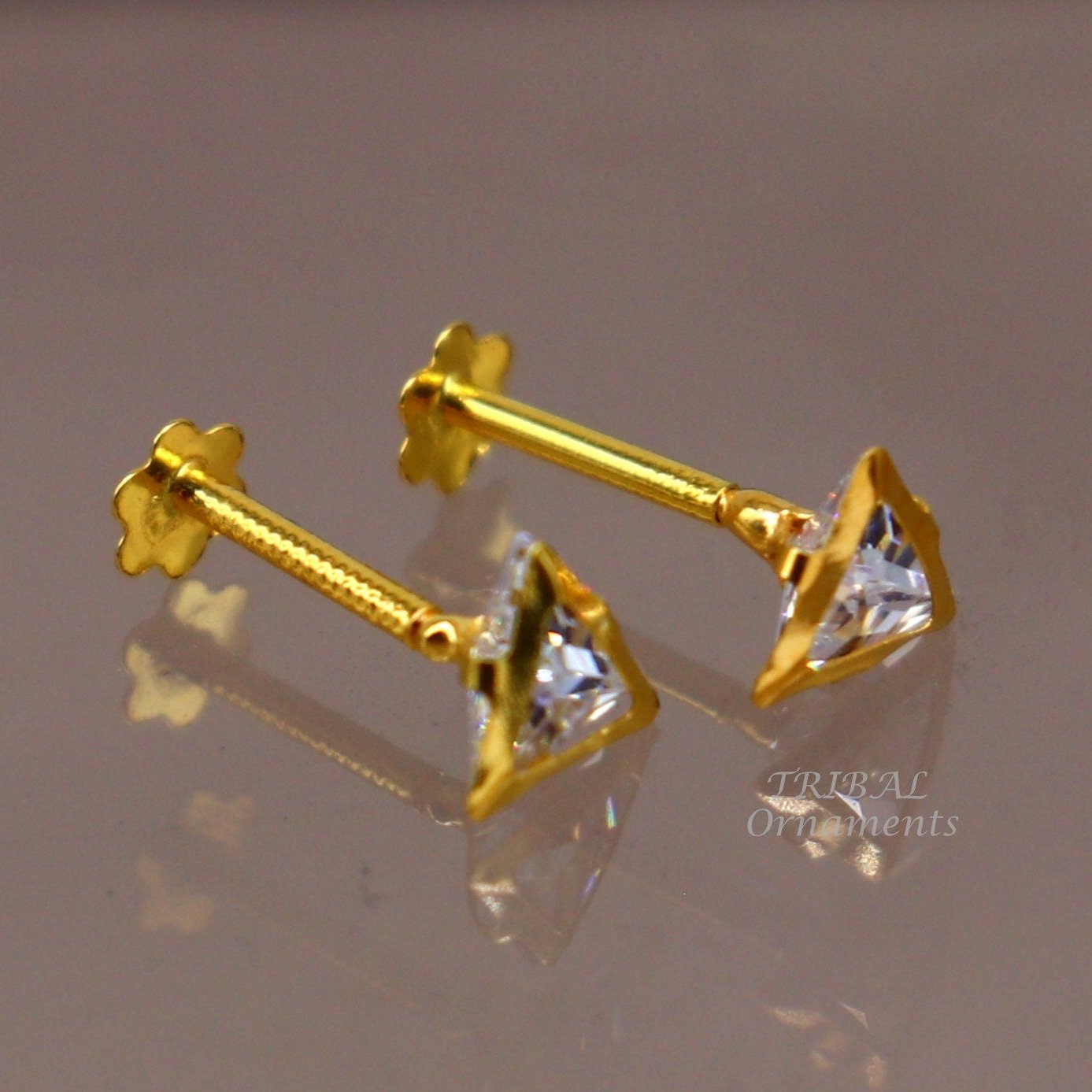 4mm tiny single pink stone handmade 18kt yellow gold combo jewelry we can use as stud or nose stud , baby stud cartilage jewelry er160 - TRIBAL ORNAMENTS