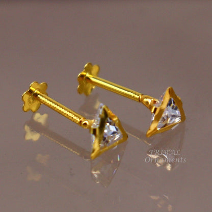 4mm tiny single pink stone handmade 18kt yellow gold combo jewelry we can use as stud or nose stud , baby stud cartilage jewelry er160 - TRIBAL ORNAMENTS