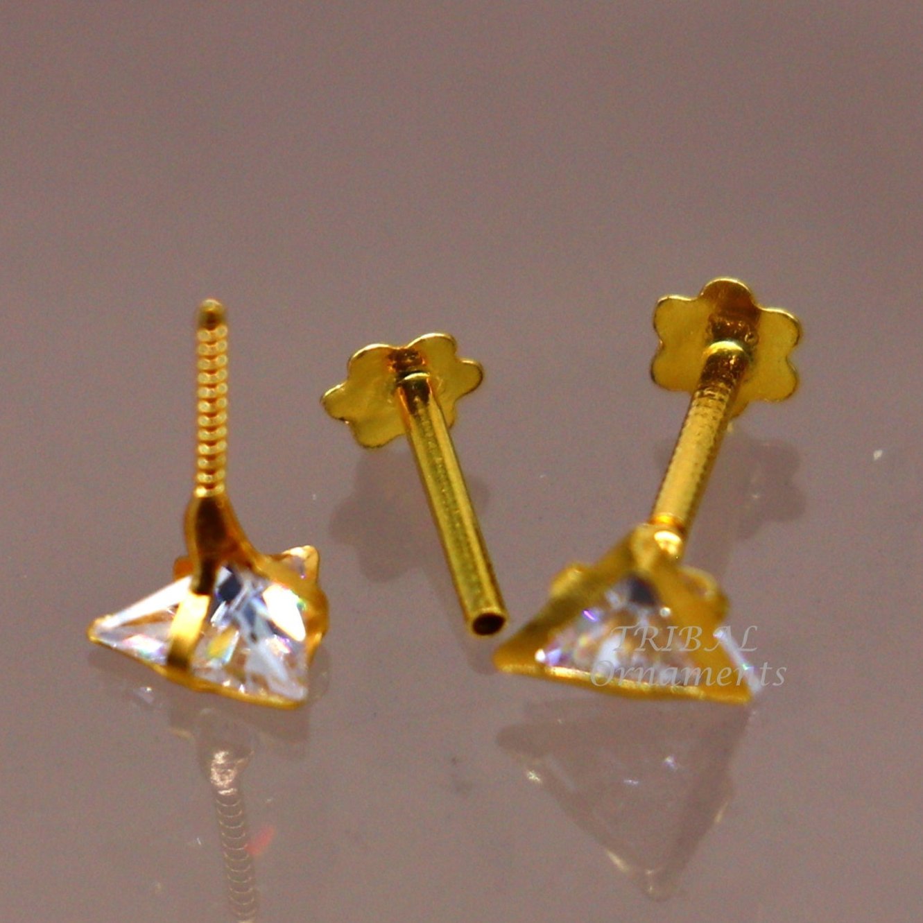 4mm tiny single pink stone handmade 18kt yellow gold combo jewelry we can use as stud or nose stud , baby stud cartilage jewelry er160 - TRIBAL ORNAMENTS