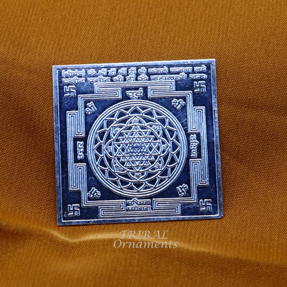 Handmade 4x4 cm 925 sterling silver Shri Yantram divine yantram for wealth and prosperity, used as a puja article.