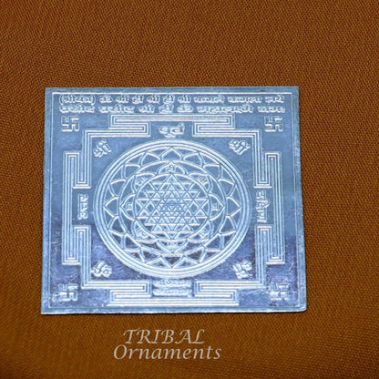 Handmade 4x4 cm 925 sterling silver Shri Yantram for wealth and prosperity, a divine puja sacred yantram by TRIBAL ORNAMENTS.