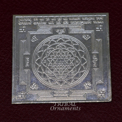 Handmade 4x4 cm sterling silver Shri Yantram for wealth and prosperity, a divine puja article by Tribal Ornaments.