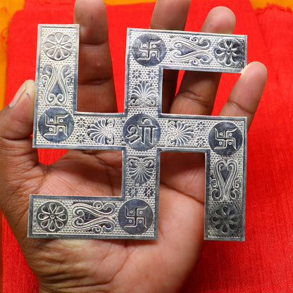 Handmade 4x4 inch 925 sterling silver swastika ornament by Tribal Ornaments, suitable for home or temple decor.