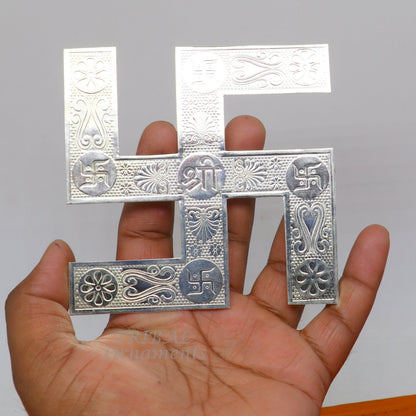 Handmade 4x4 inch sterling silver Swastika pendant by TRIBAL ORNAMENTS, featuring intricate divine and holy design for home or temple.