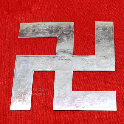 Handmade 4x4 inch 925 sterling silver swastika ornament by TRIBAL ORNAMENTS, designed for home and temple decor.