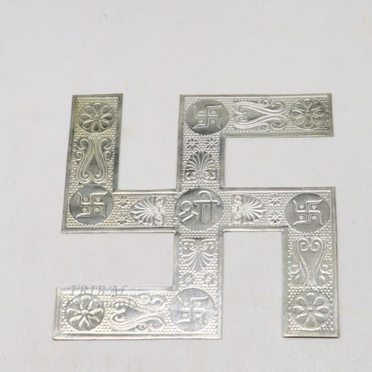 Handmade 4x4 inch 925 sterling silver swastika ornament by TRIBAL ORNAMENTS, suitable for home or temple decoration.