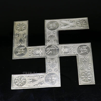 Handmade 4x4 inch 925 sterling silver swastika symbol from TRIBAL ORNAMENTS, designed for home and temple decor.