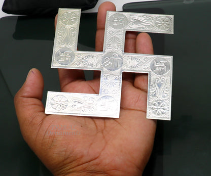 Handmade 4x4 inch 925 sterling silver swastika ornament by TRIBAL ORNAMENTS, designed for home and temple decor.