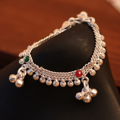Sterling silver 5-inch baby ankle bracelet with noisy sound bells and charm, handmade tribal jewelry from Tribal Ornaments.
