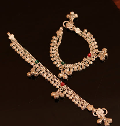 Sterling silver 5-inch baby ankle bracelet with bells and charm, handmade tribal jewelry from Tribal Ornaments.