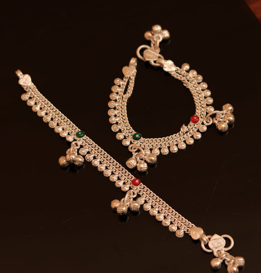 Sterling silver 5-inch baby ankle bracelet with bells and charm, handmade tribal jewelry from Tribal Ornaments.