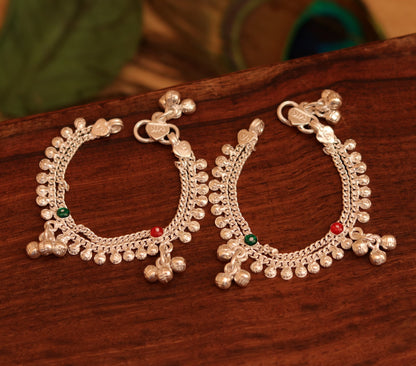 Sterling silver baby ankle bracelet with small bells and charm, handmade tribal ornaments 5-inch chain ankle bracelet jewelry