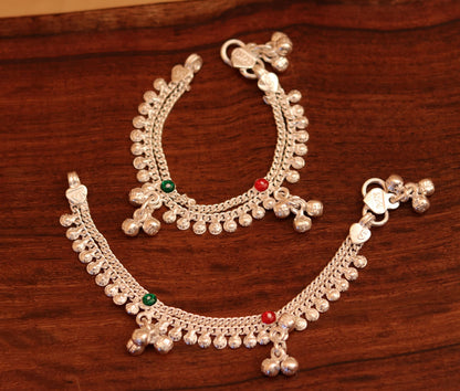 Sterling silver 5-inch baby ankle bracelet with small bells and charm, handmade tribal jewelry from TRIBAL ORNAMENTS.
