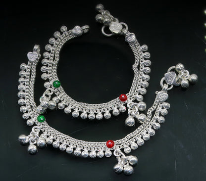 Sterling silver vintage-style baby ankle bracelet with small bells and charm, 5 inches long, handmade by TRIBAL ORNAMENTS.