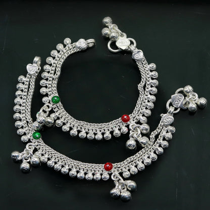 Sterling silver vintage-style baby ankle bracelet with noisy bells charm, handmade jewelry, 5-inch length, tribal-inspired design.