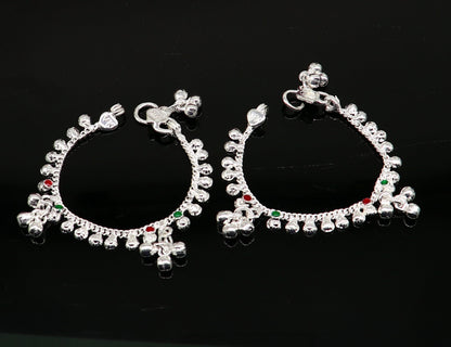 Sterling silver vintage-style baby ankle bracelet with noisy sound bells and charm, handcrafted by TRIBAL ORNAMENTS.