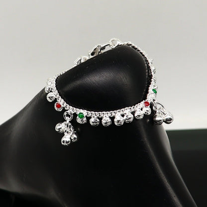 Sterling silver vintage-style baby ankle bracelet with noisy sound bells and charm, handmade by Tribal Ornaments.