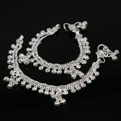 Sterling silver vintage-style baby anklet with noisy bells and charm, handmade by Tribal Ornaments, 5-inch length for newborns.